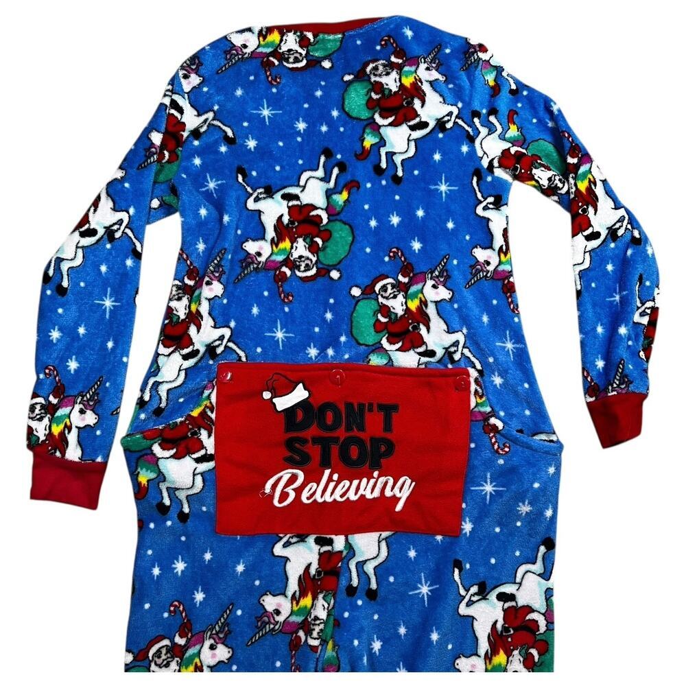 Santa Unicorn Christmas Pajamas One Piece Drop seat Don't Stop Believing size M - Picture 8 of 9